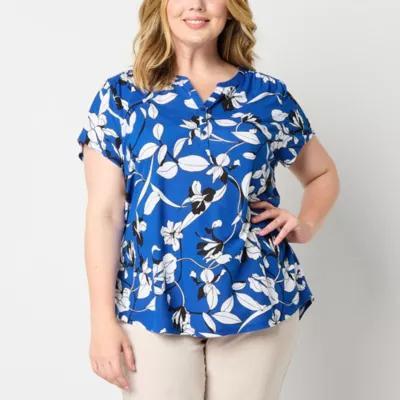 Liz Claiborne Plus Womens Split Crew Neck Short Sleeve Blouse Product Image