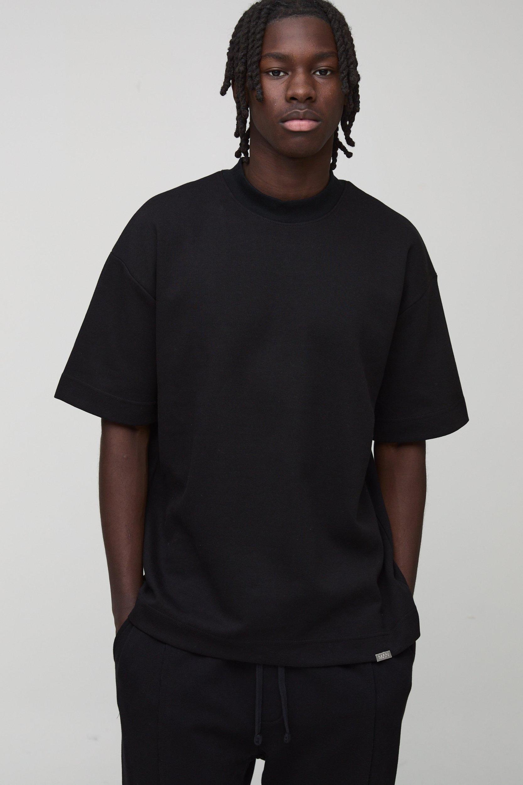 Mens Black Man Oversized Extended Neck Heavy Interlock T-shirt, Black Product Image