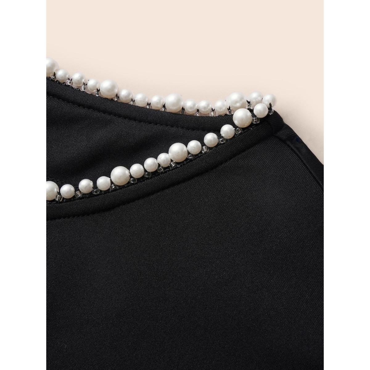 Plus Size Black Pearl Beaded Petal Sleeve Stretch Blouse Women Elegant Half Sleeve Round Neck Everyday Blouses BloomChic 14-16/1X Product Image