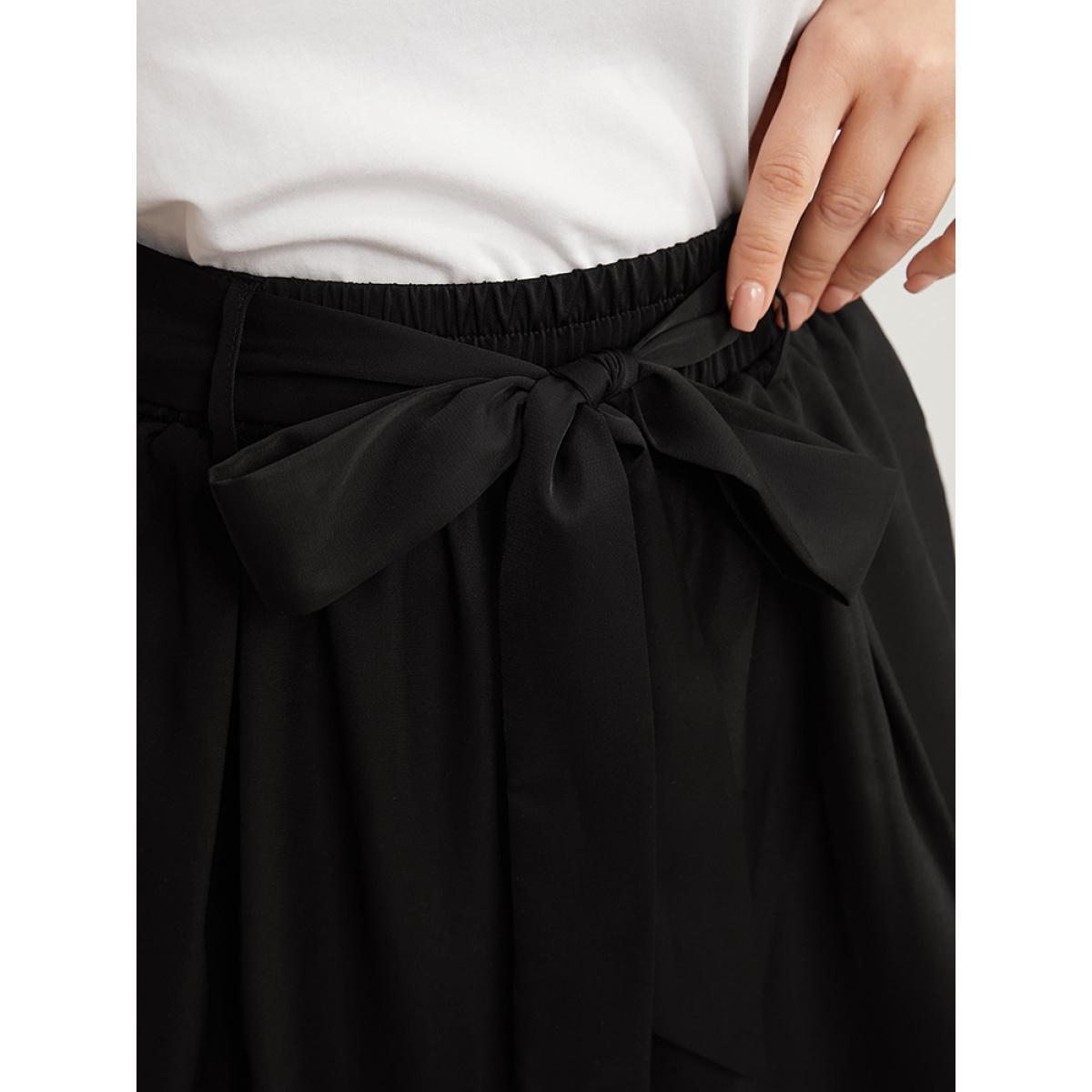 Plus Size Solid Elastic Waist Knotted Front Pocket Wide Leg Pants Women Black Casual Wide Leg High Rise Dailywear Pants BloomChic 22-24/3X Product Image