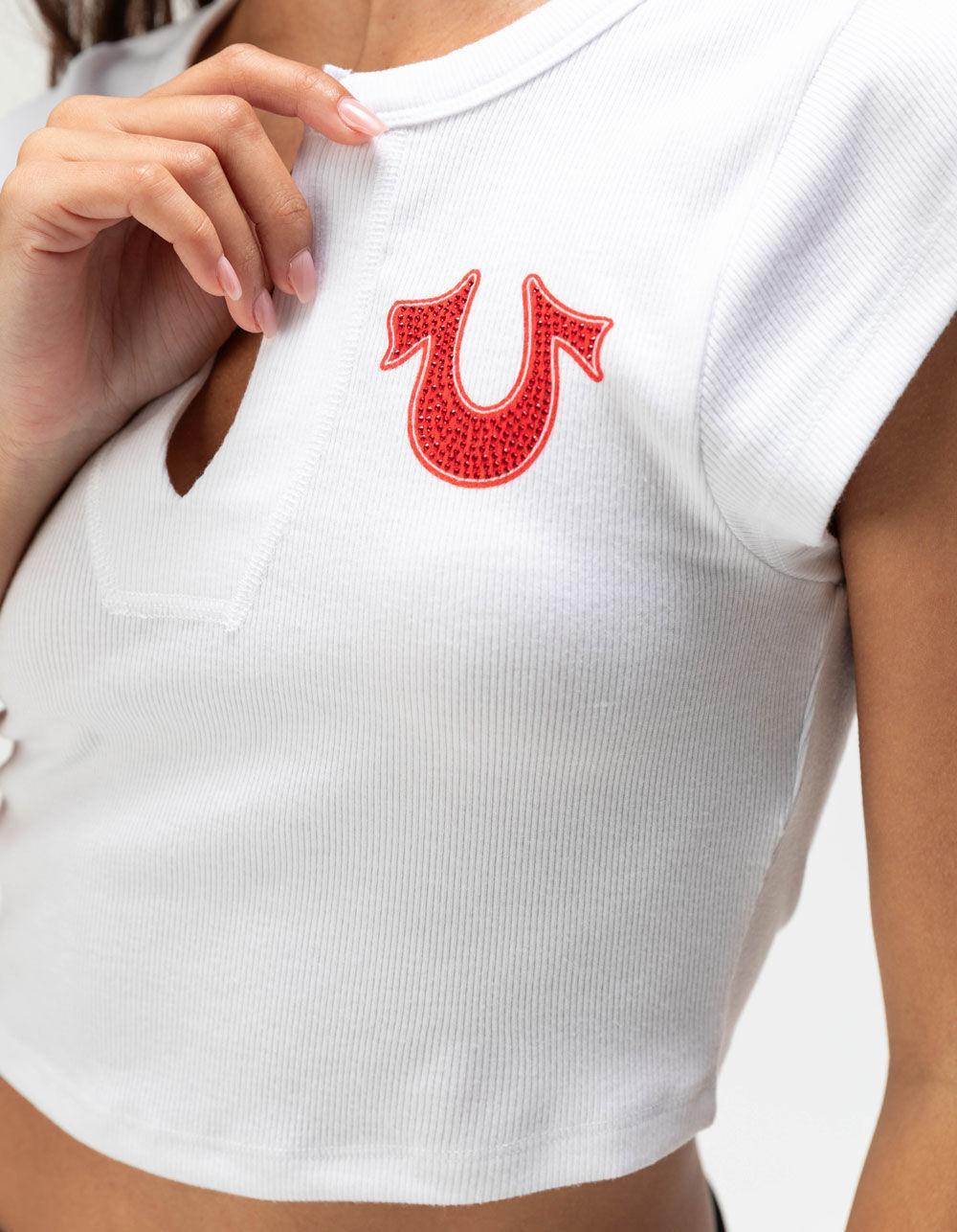 TRUE RELIGION Number Womens Notch Crop Tee - WHITE Product Image