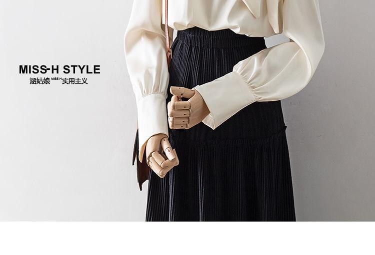 Long Sleeve Stand Collar Plain Bowknot Blouse Product Image