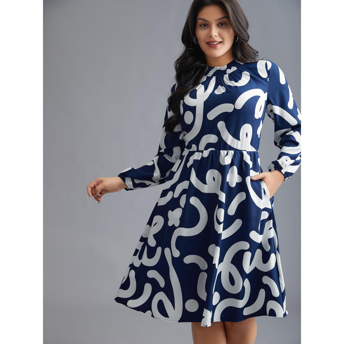 Plus Size Geometric Print Shirred Pocket Dress DarkBlue Women Elegant Shirred Mock Neck Long Sleeve Curvy BloomChic 12/L Product Image