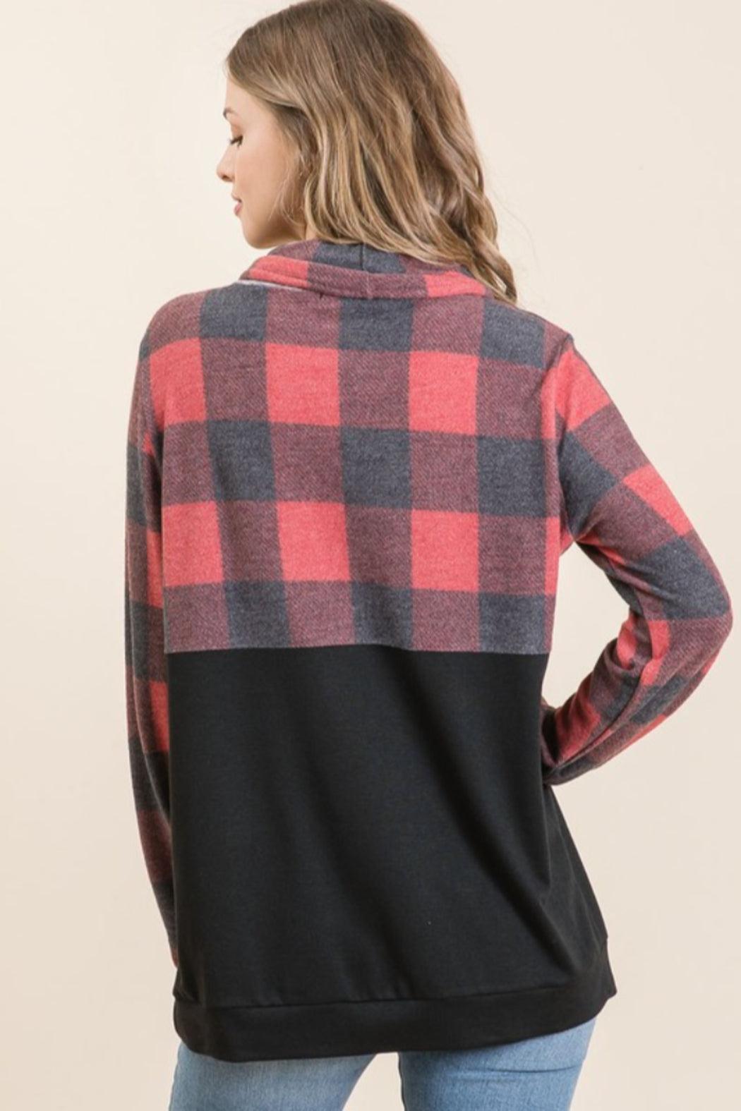 BRUSHED CHECK PLAID COWL NECK TOP Female Product Image