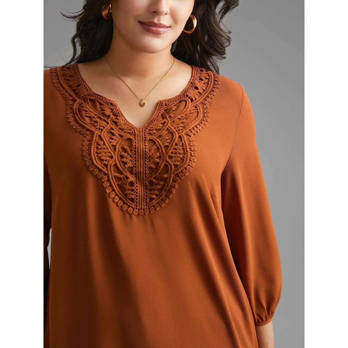 Plus Size Rust Notched Lace Trim Gathered Blouse Women Elegant Extra Long Sleeve Flat collar with V-notch Everyday Blouses BloomChic 10/M Product Image