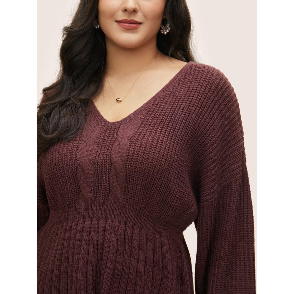 Plus Size Solid Cable Knit Elastic Waist Pullover Maroon Women Casual Long Sleeve V-neck Everyday Pullovers BloomChic 18-20/2X Product Image