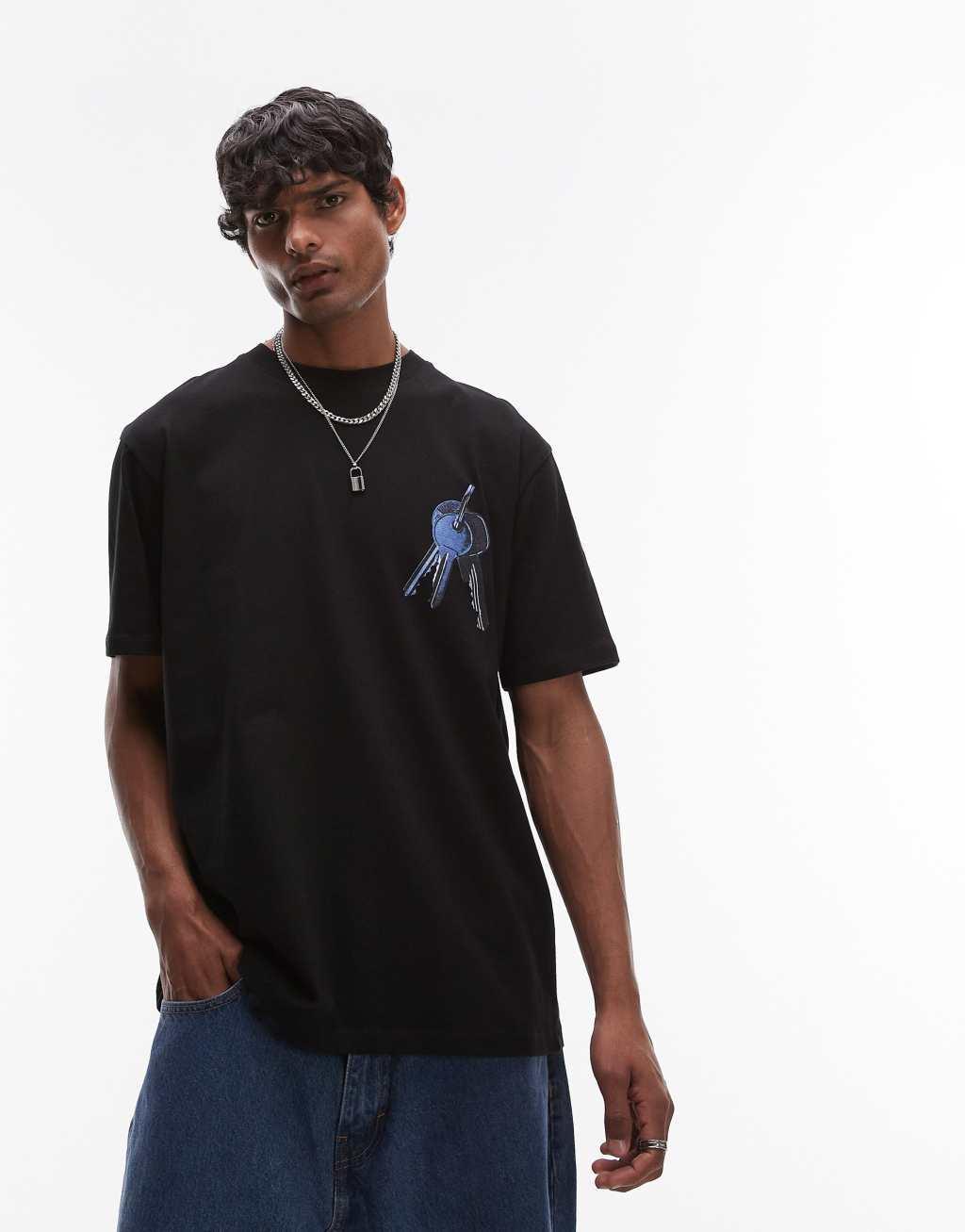 Topman oversized fit t-shirt with front and back keys patch print in black Product Image