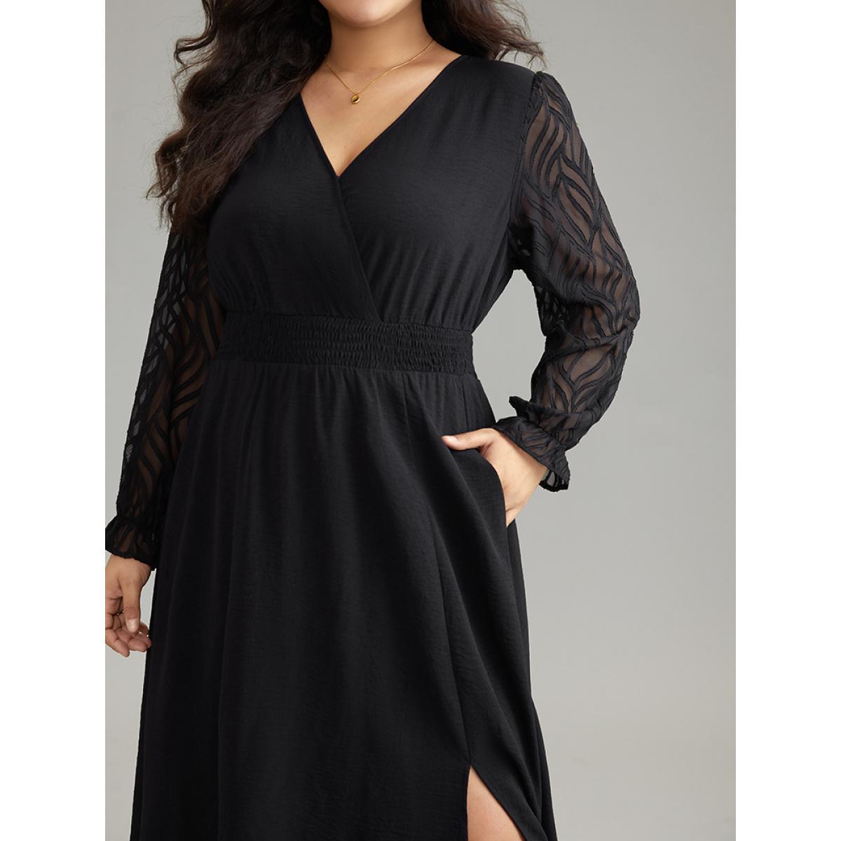 Plus Size Graphic Mesh Patchwork Pocket Split Side Dress Black Women Elegant Wrap Overlap Collar Long Sleeve Curvy Midi Dress BloomChic 18-20/2X Product Image