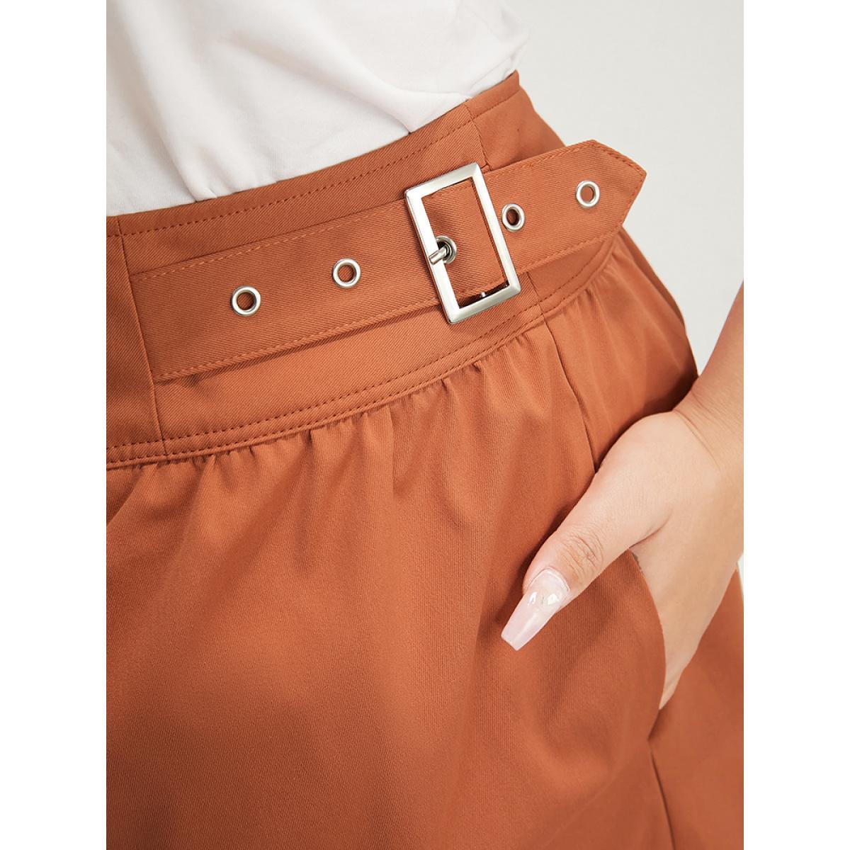 Plus Size Solid Buckle Detail Zipper Back Shorts Women Rust Office Plain Loose Dailywear Shorts BloomChic 10/M Product Image