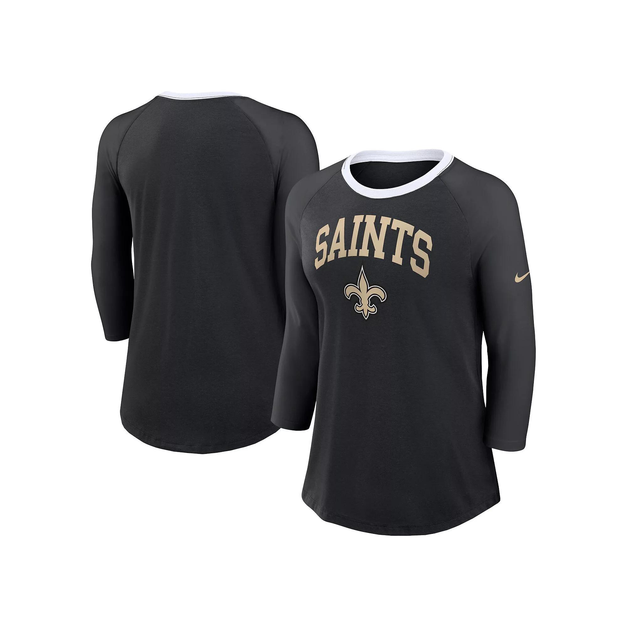 Women's Nike Black New Orleans Saints Raglan 3/4 Sleeve T-Shirt, Size: 2XL Product Image