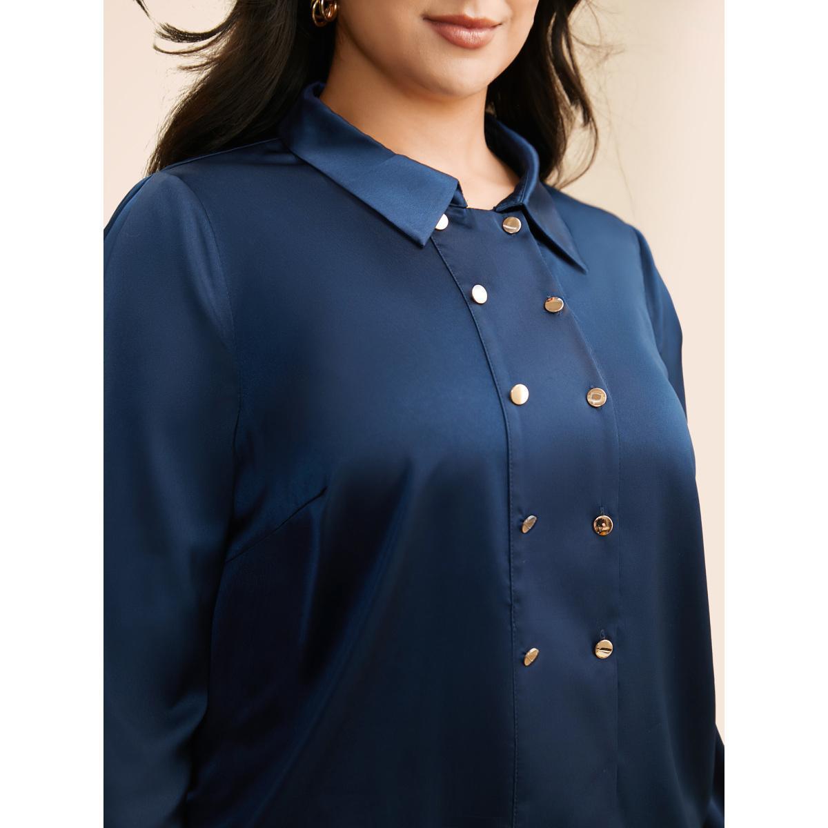 Plus Size Indigo Shirt Collar Metal Detail Blouse Women Elegant Long Sleeve Shirt collar Everyday Blouses BloomChic 28/5X Product Image