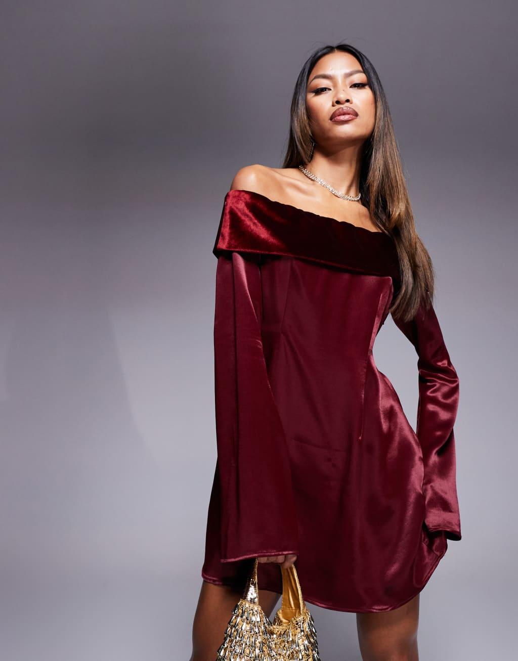 ASOS DESIGN velvet fold-over mini dress with angel sleeve in burgundy Product Image