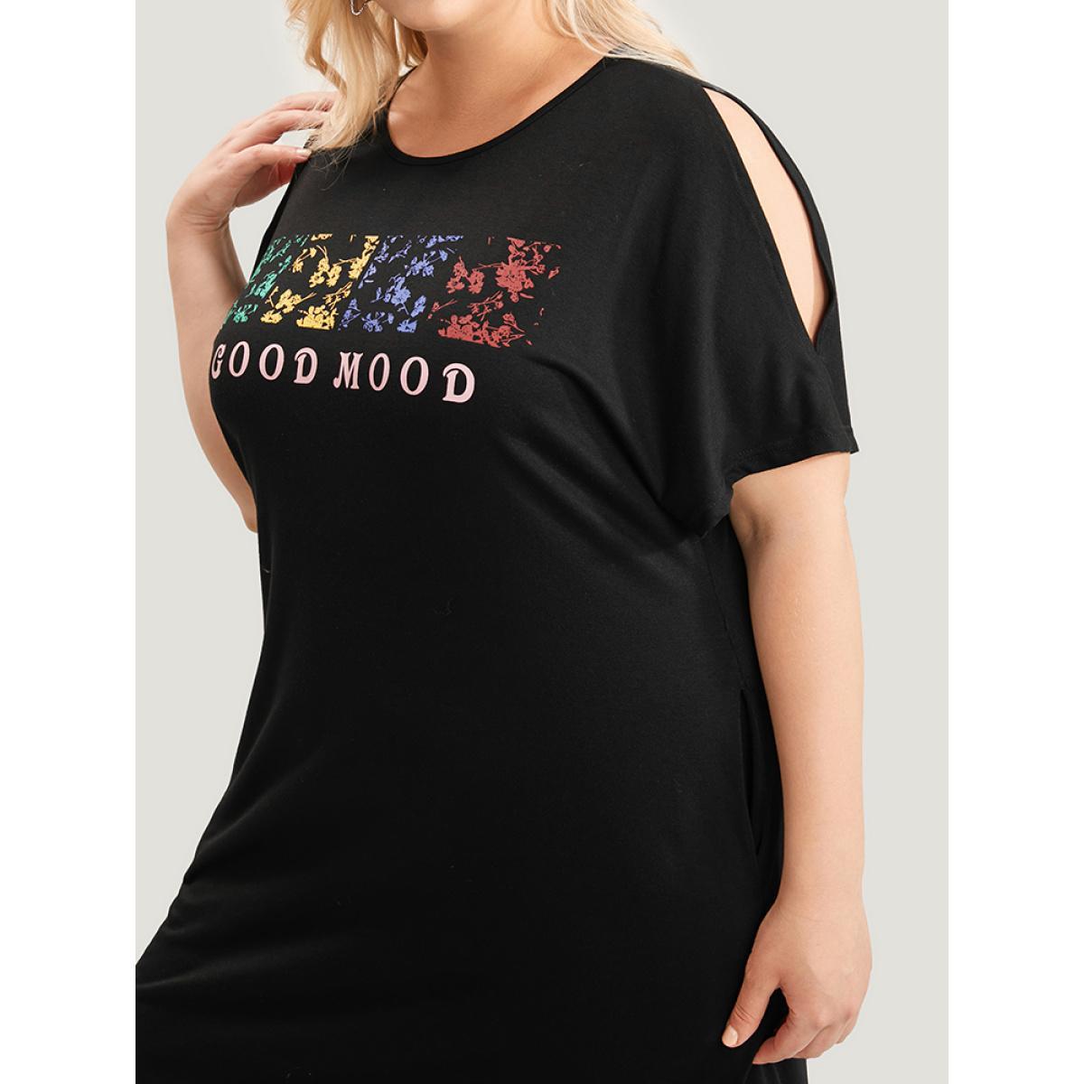 Plus Size Graphic & Letter Print Dolman Sleeve Pocket Cold Shoulder Tee Dress Black Women Casual Printed Curvy Knee Dress BloomChic 30/6X Product Image