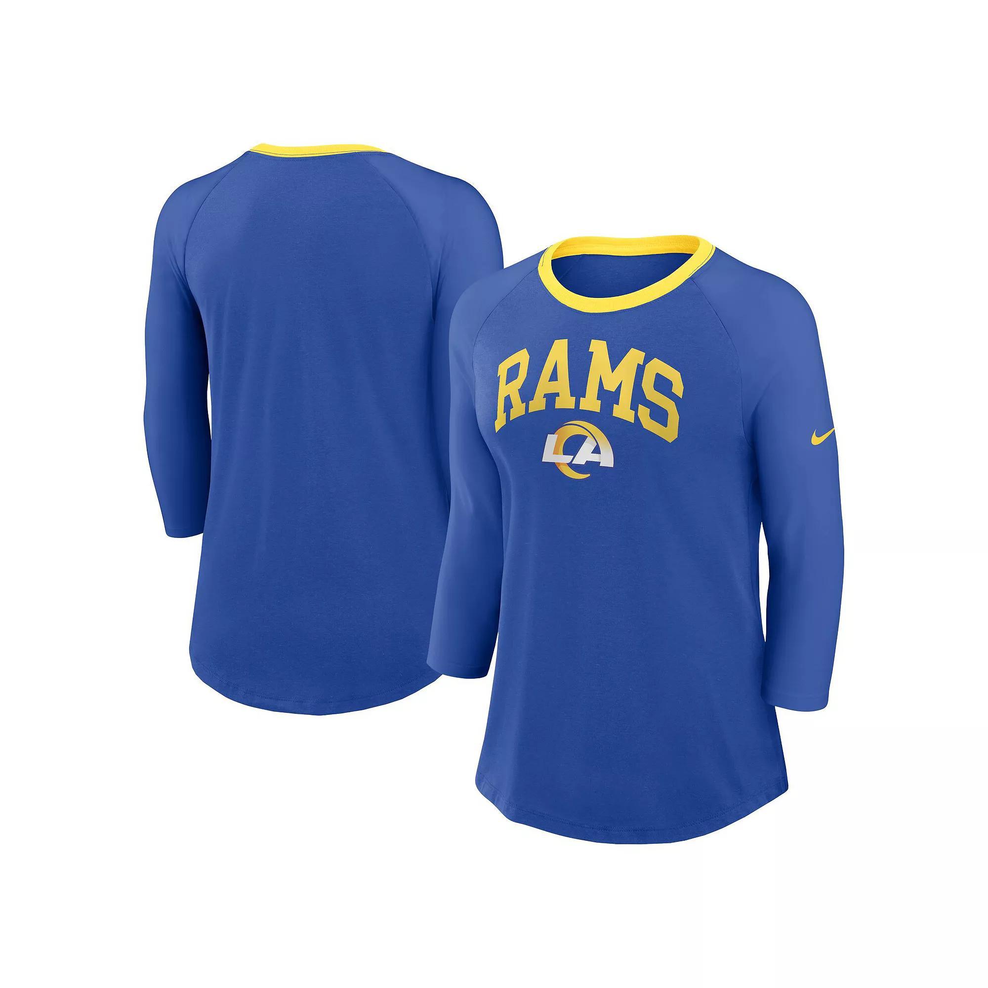 Women's Nike Royal Los Angeles Rams Raglan 3/4 Sleeve T-Shirt, Size: XS, Blue Product Image