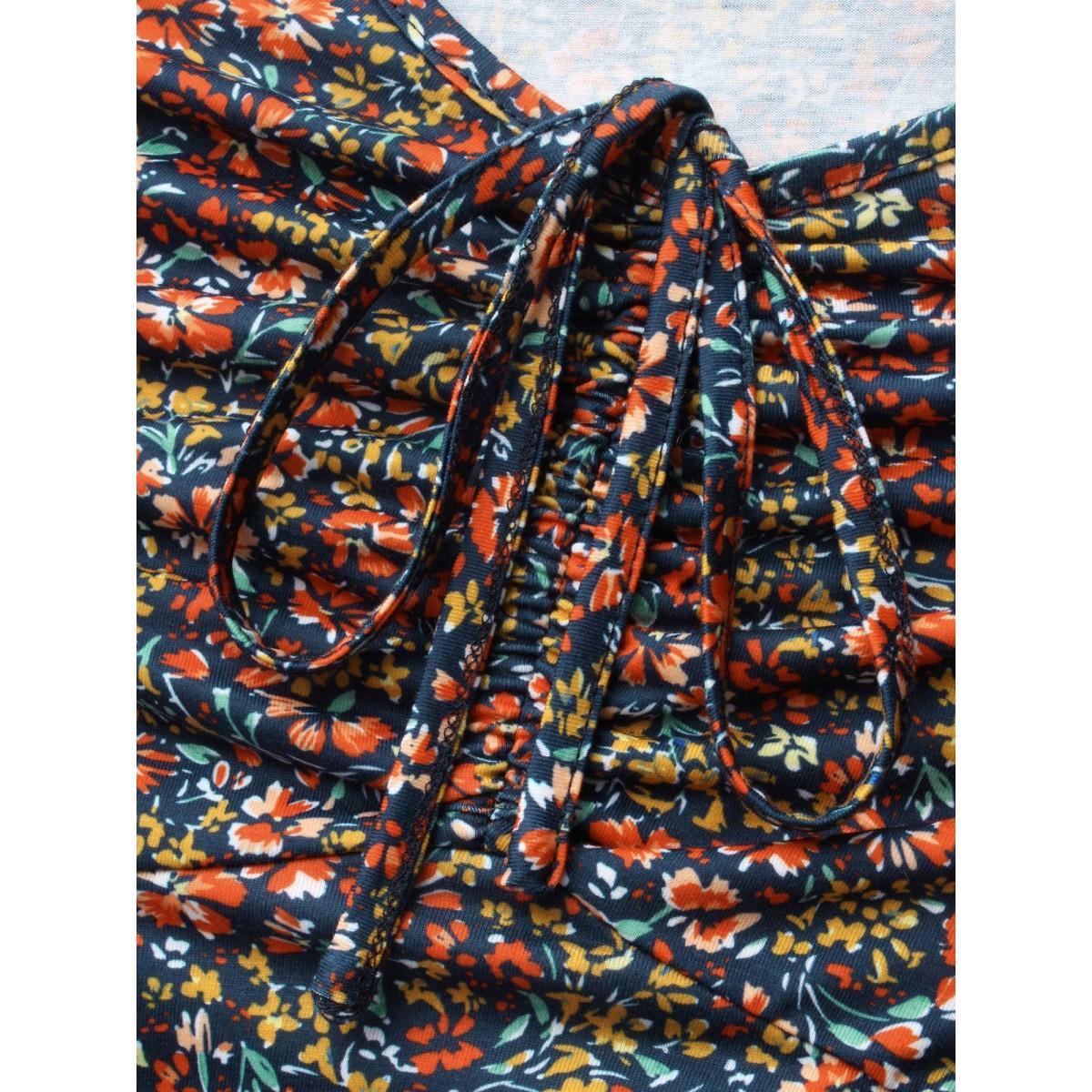 Plus Size Ditsy Floral Drawstring Midi Dress DarkBlue Women Casual Drawstring Knit Dresses Bloomchic 28/5X Product Image