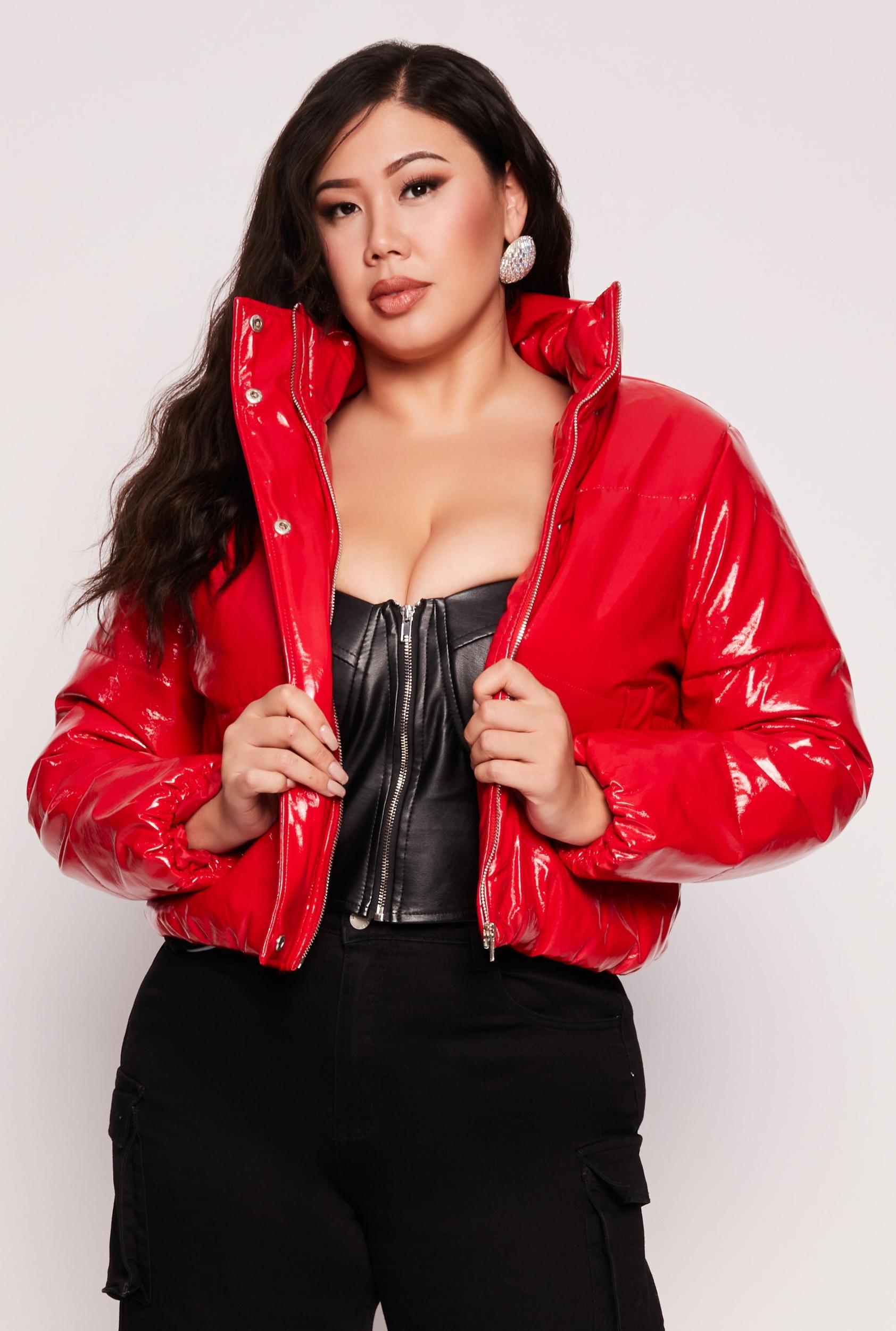 Womens Plus Size Faux Patent Leather Puffer Jacket Product Image