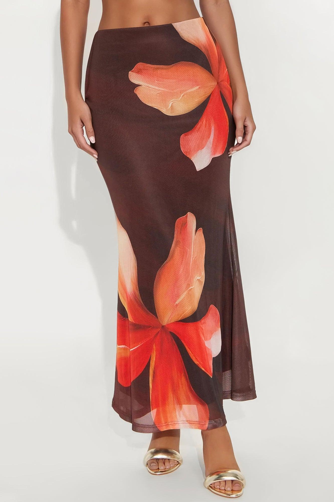 Into The Night Floral Mesh Maxi Skirt - Brown/combo Product Image