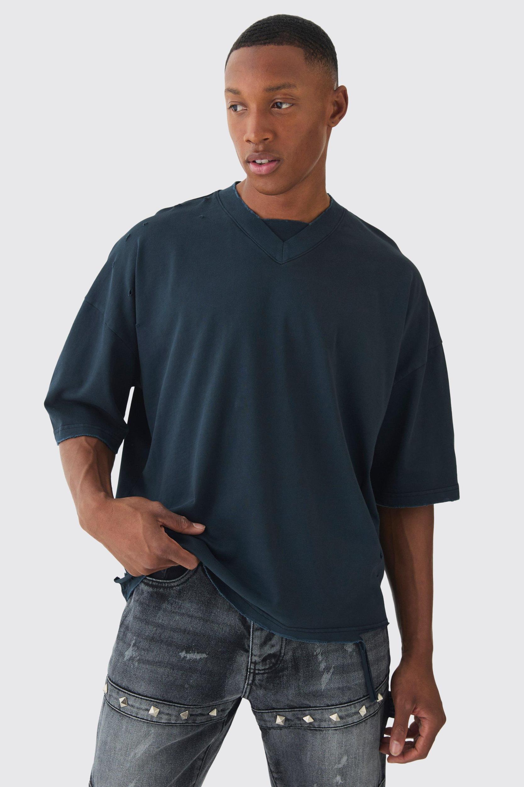 Premium Oversized V Neck Dropped Shoulder Top Stitched Washed T-shirt | boohooMAN USA Product Image