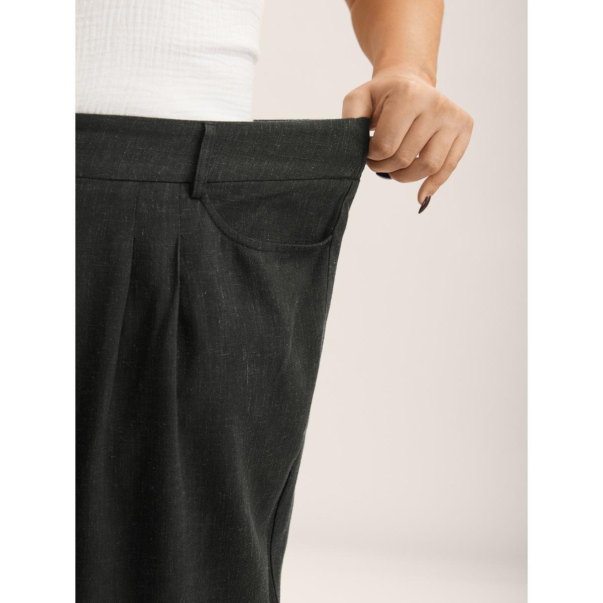 Plus Size Rayon-Linen Pleated Straight-Leg Pants Women Black Resort Straight Leg Mid Rise Vacation Pants BloomChic 30/6X Product Image