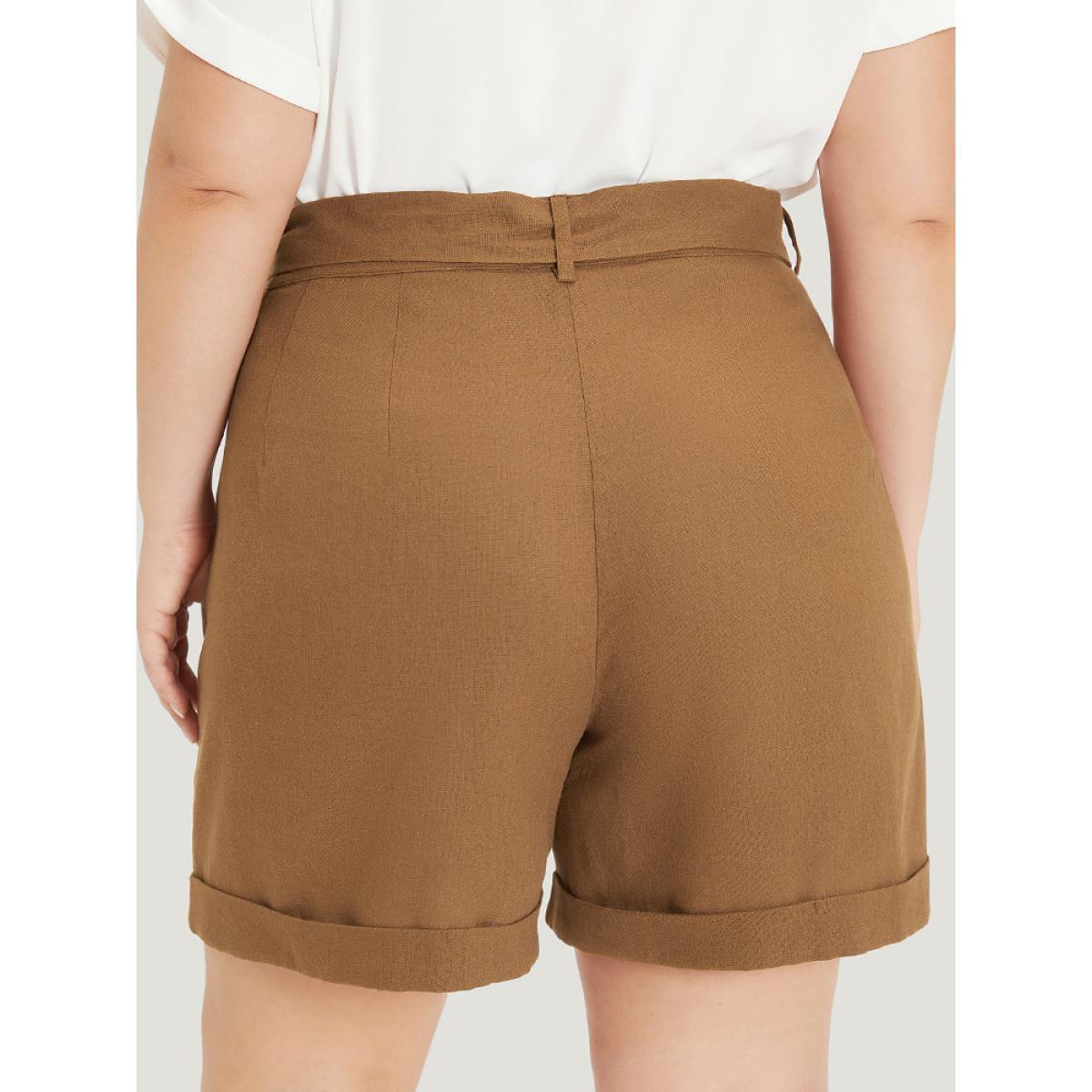 Plus Size Solid Pocket Belted Roll Hem High Rise Shorts Women DarkBrown Office Belted Work Shorts BloomChic 22-24/3X Product Image