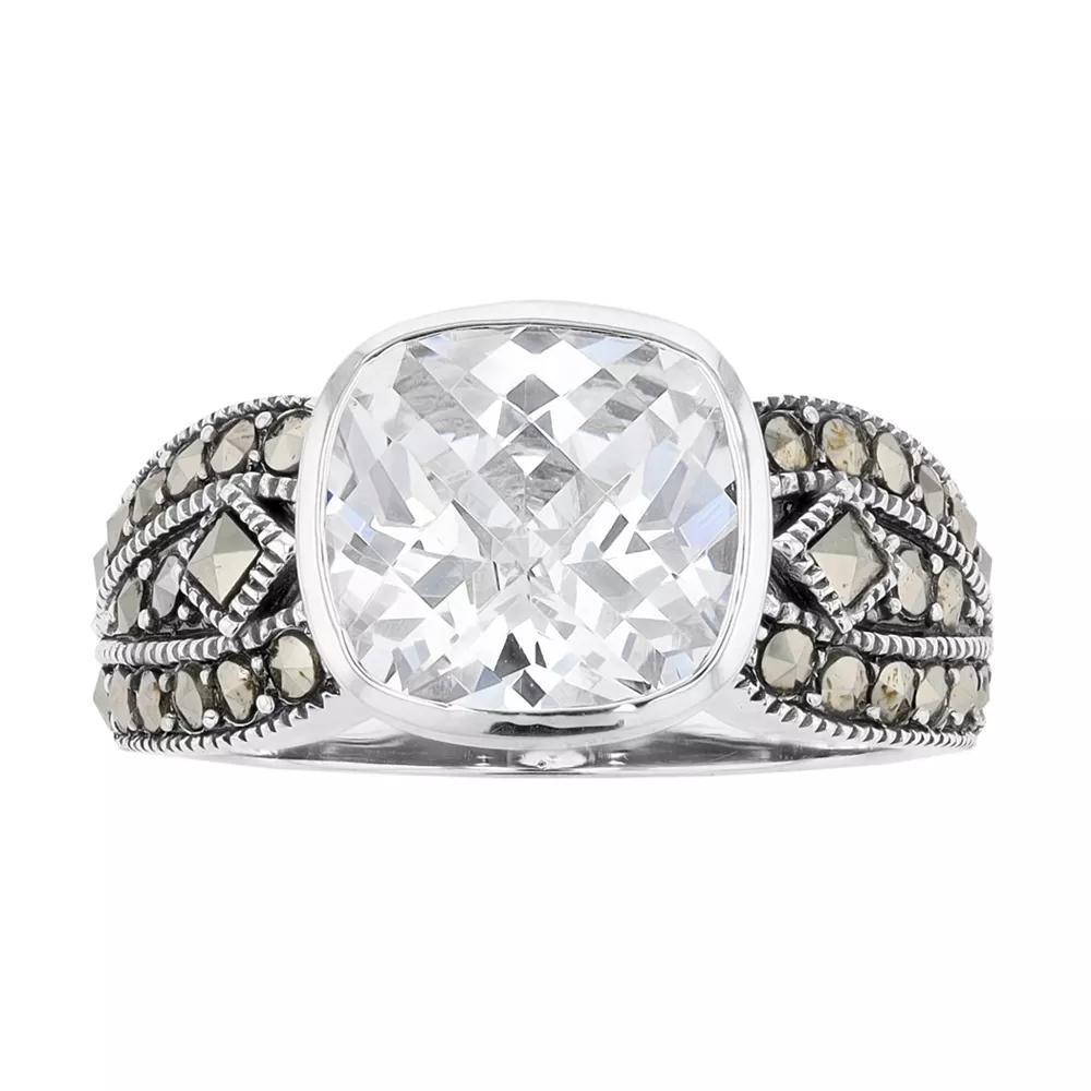 Lavish by TJM Sterling Silver Cushion White Cubic Zirconia & Marcasite Ring, Women's, Size: 9 Product Image