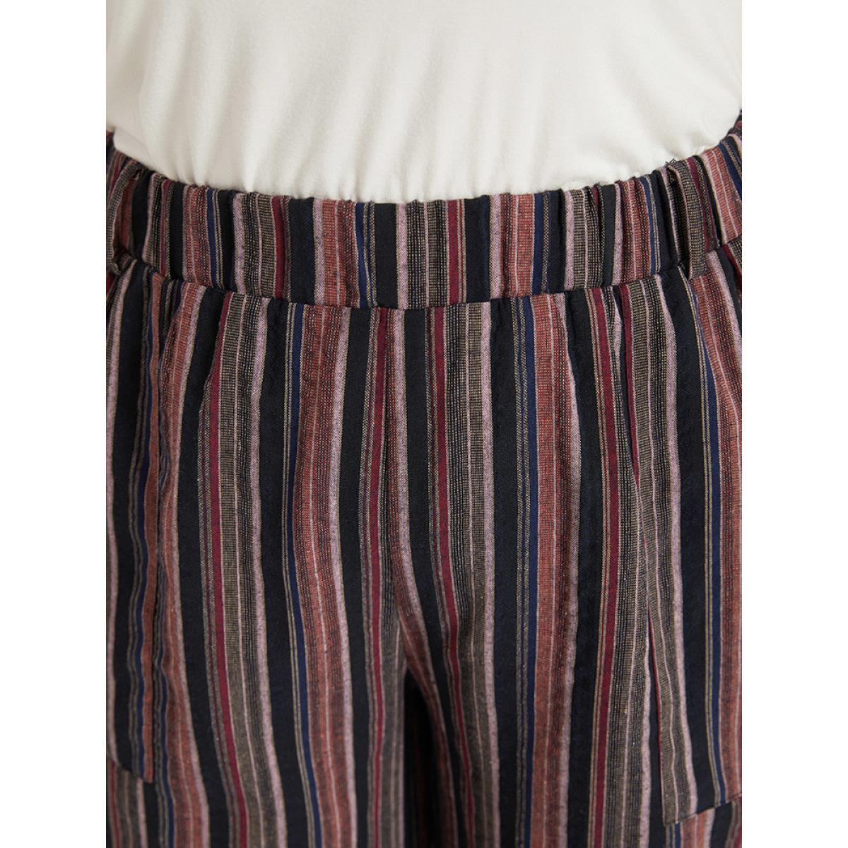 Plus Size Striped Print Pocket Elastic Waist Pants Women Indigo Resort Straight Leg High Rise Vacation Pants BloomChic 14-16/1X Product Image