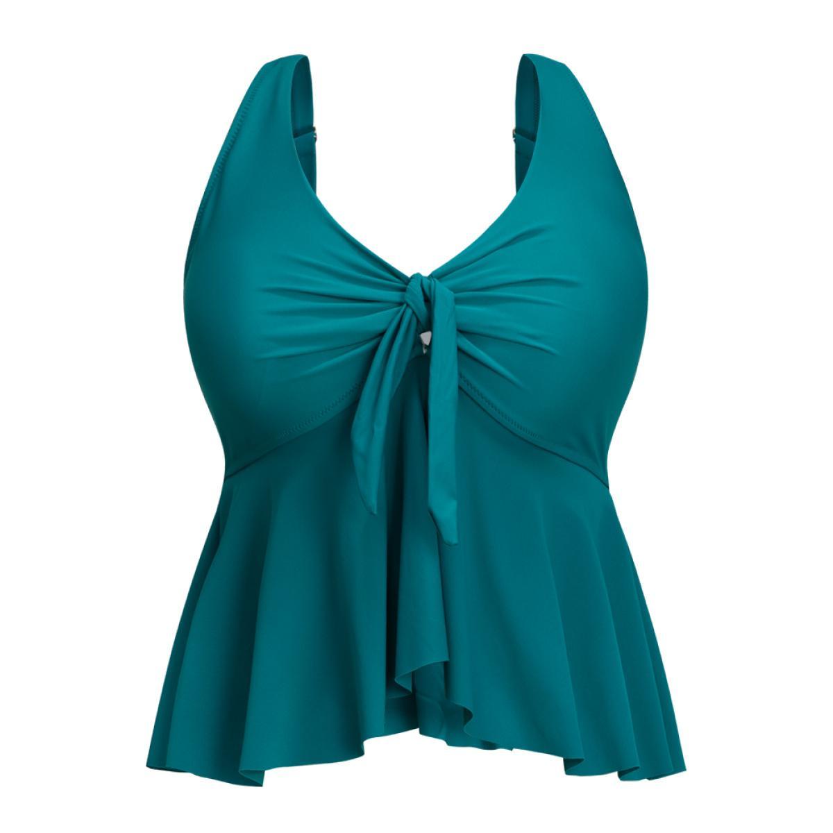 Plus Size Knotted Front Ruffles Adjustable Straps Tankini Top Women's Swimwear Cerulean Vacation Adjustable Straps High stretch Bodycon Deep V-neck Curve Swim Tops BloomChic 14-16/1X Product Image