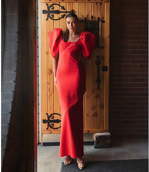 Mac Duggal Scoop Neck Dramatic Puff Sleeve Crepe Gown Product Image