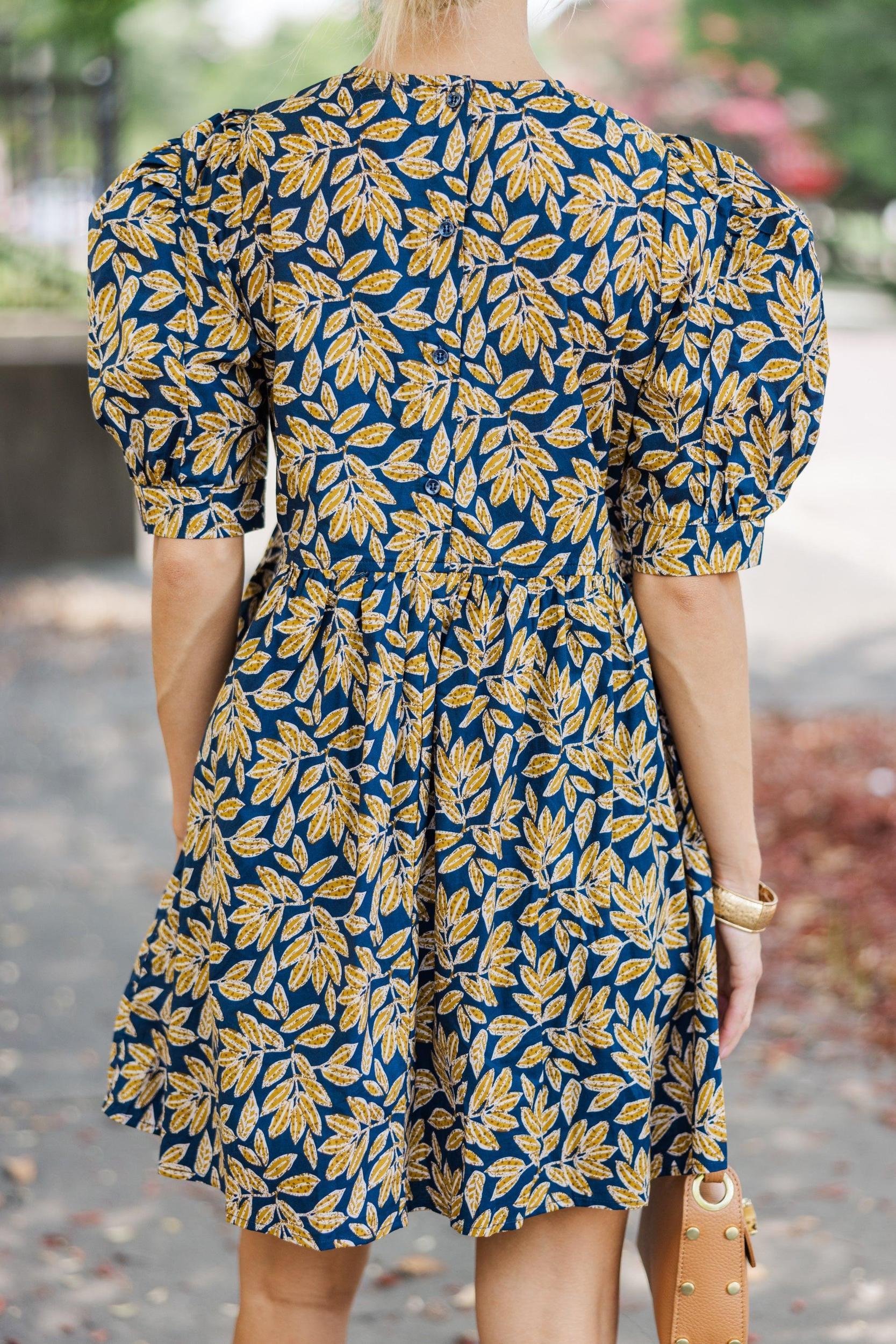Oh So Thankful Navy Floral Babydoll Dress Female Product Image