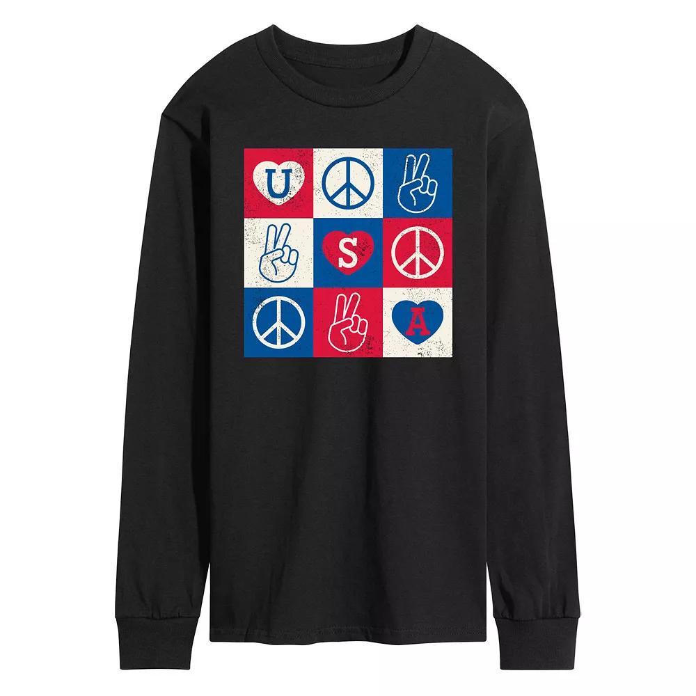 Mens USA Peace Grid Long Sleeve Graphic Tee. Grey Gray Product Image