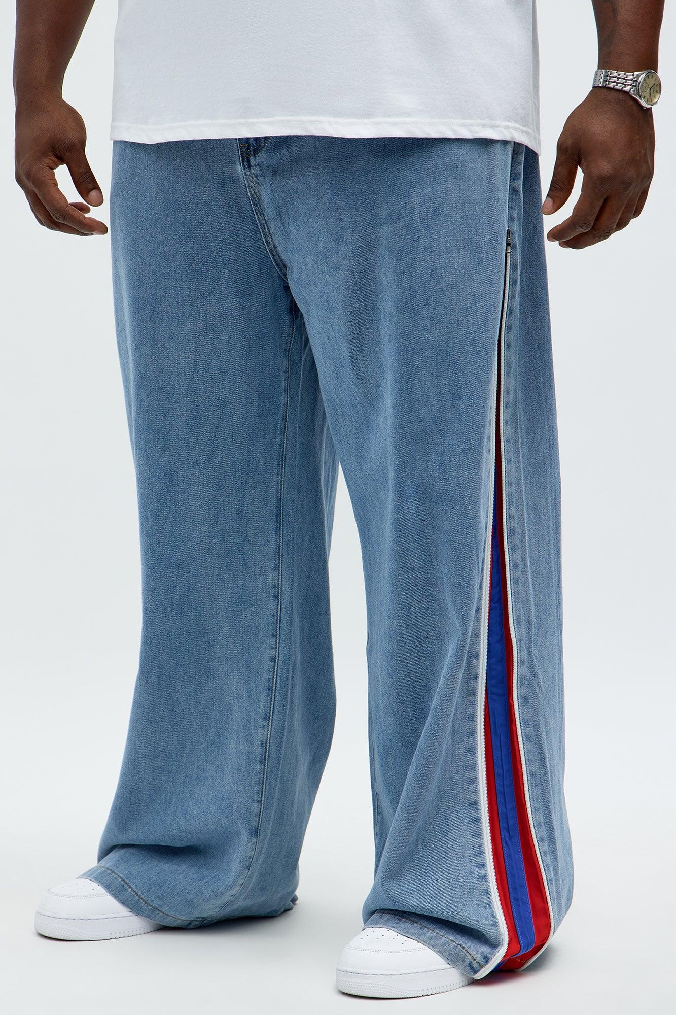 Baggy Side Stripe Zip Hit Jeans - Medium Blue Wash Product Image