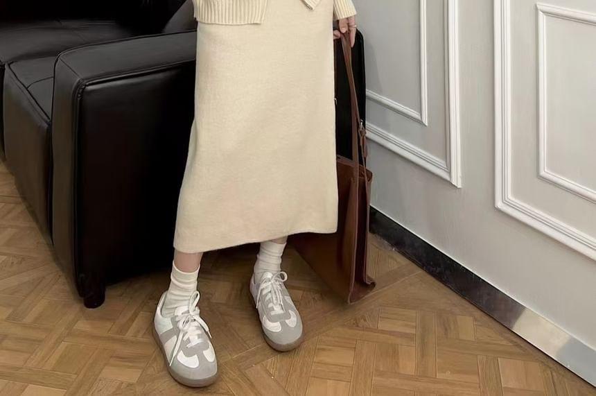 Set: Plain Zip-Up Knit Hoodie + High Rise Slit Midi Straight Skirt Product Image