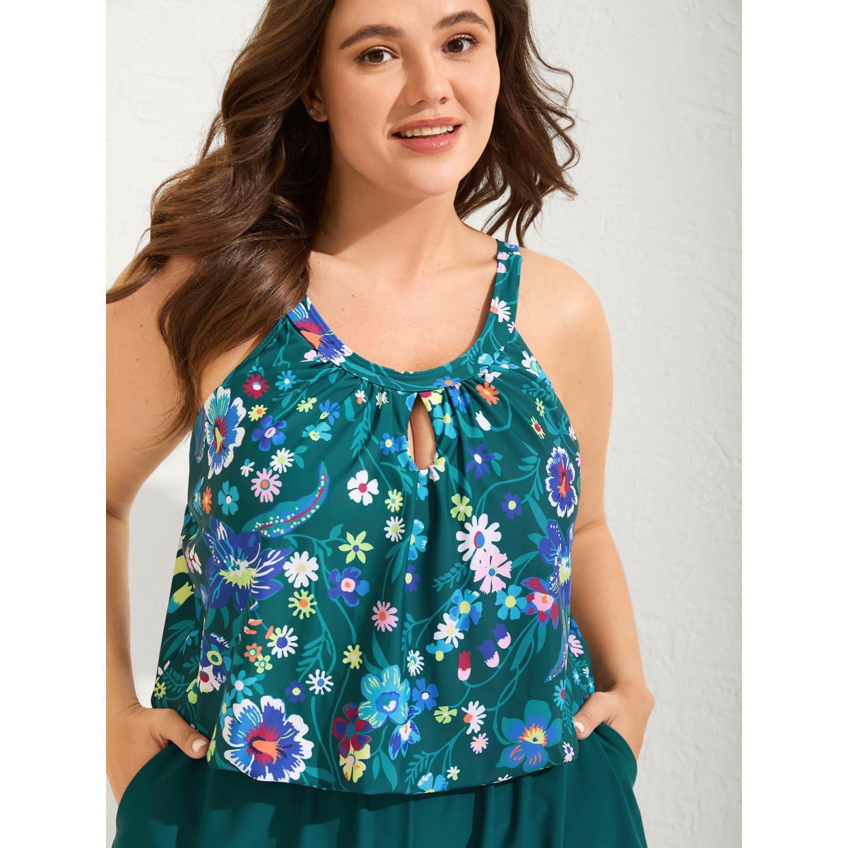 Plus Size Floral Print Keyhole Pockets Swim Romper Women's Swimwear Cyan Beach Curve Bathing Suits High stretch One Pieces BloomChic 12/L Product Image
