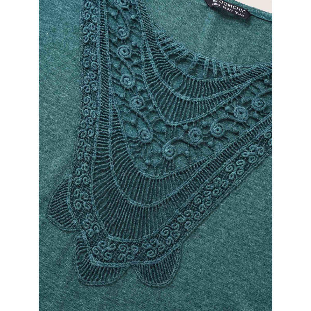 Plus Size Solid Eyelet Lace Curved Hem T-shirt DarkGreen Women Elegant Cut-Out Plain Round Neck Everyday T-shirts BloomChic 18-20/2X Product Image