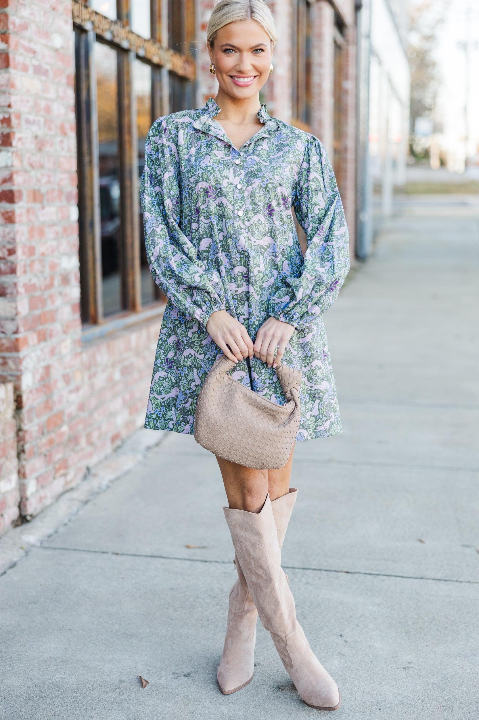 Under The Stars Green Floral Balloon Sleeve Dress Female Product Image