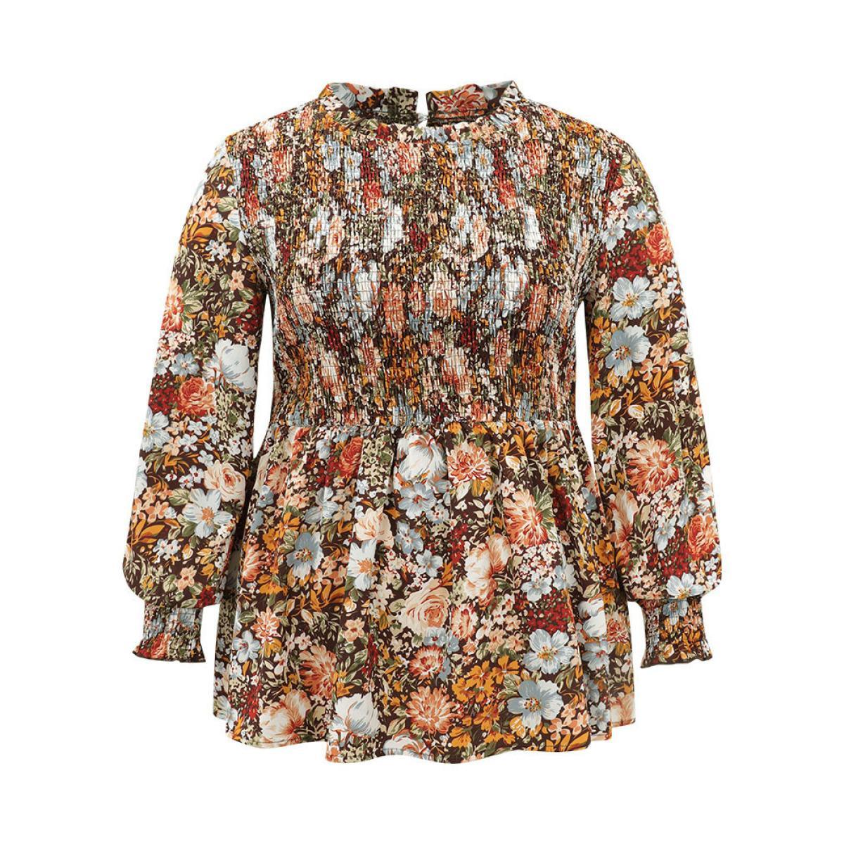 Plus Size DarkBrown Floral Shirred Frill Trim Stand Collar Blouse Women Elegant Long Sleeve Stand-up collar Dailywear Blouses BloomChic 30/6X Product Image