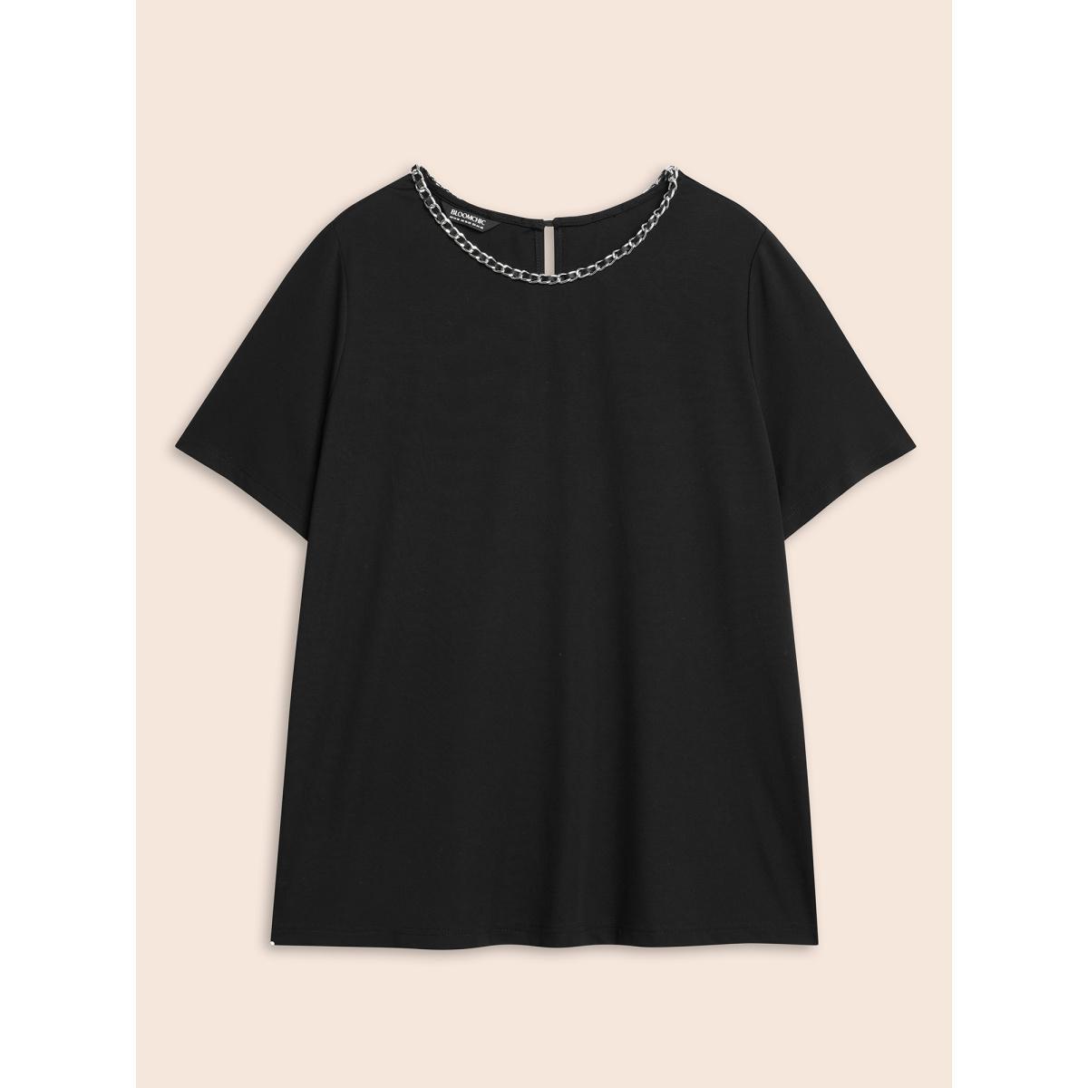 Plus Size Crew Neck Metal Chain Detail T-shirt Black Women Casual Non Round Neck Everyday T-shirts BloomChic 30/6X Product Image