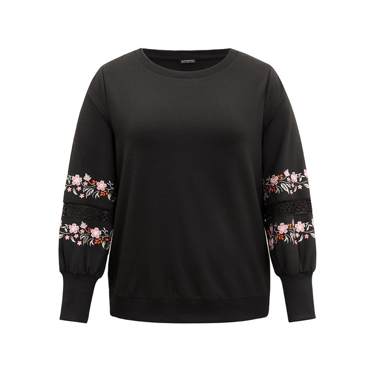 Plus Size Floral Embroidered Lace Insert Sweatshirt Women Black Elegant Lace Round Neck Dailywear Sweatshirts BloomChic 22-24/3X Product Image