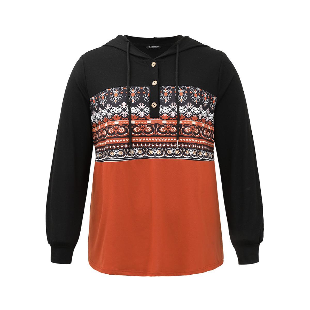 Plus Size Contrast Bandana Button Up Hooded T-shirt Multicolor Women Casual Contrast Bohemian Print Hooded Dailywear T-shirts BloomChic 22-24/3X Product Image