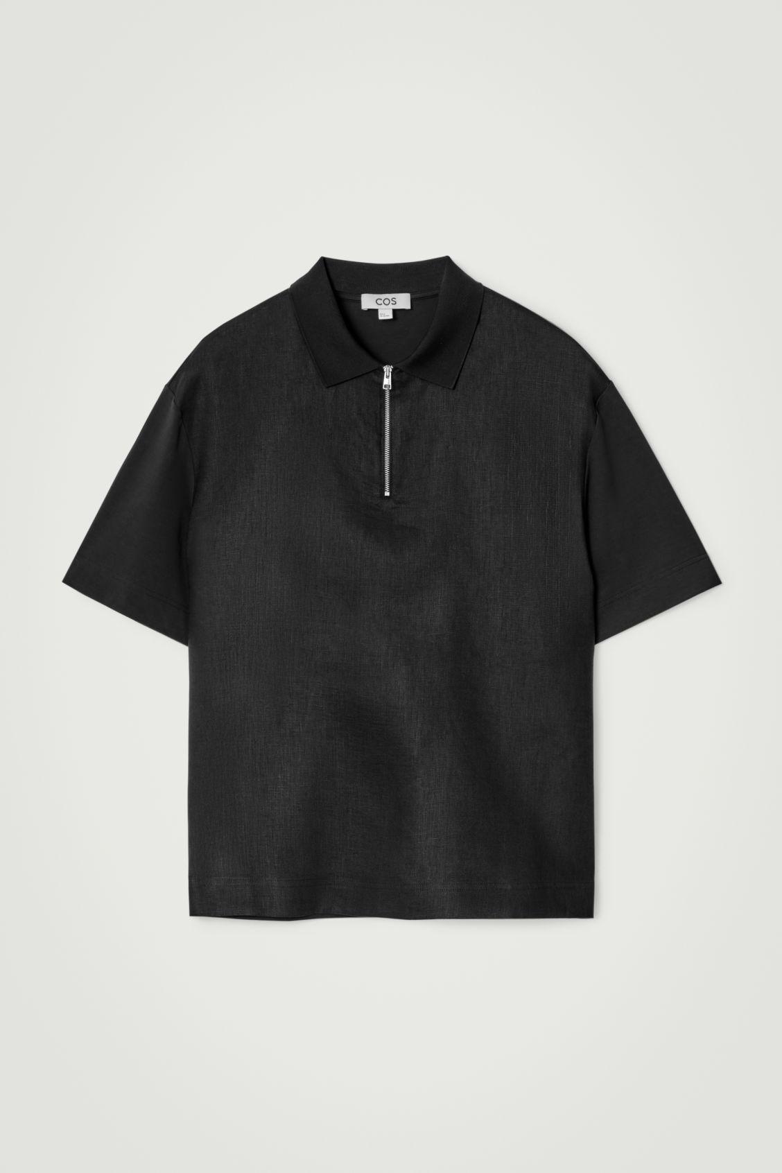CONTRAST-PANEL LINEN HALF-ZIP POLO SHIRT Product Image