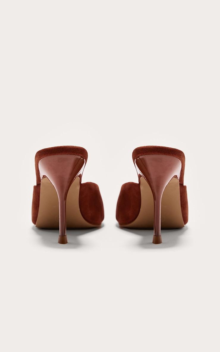 Brown Tan Faux Suede Square Toe High Stiletto Heeled Mules Product Image