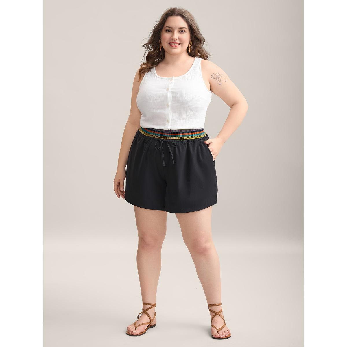 Plus Size Colorful Thread Waist Wide-Leg Shorts Women Black Casual Drawstring Wide Leg Everyday-Casual Shorts BloomChic 22-24/3X Product Image
