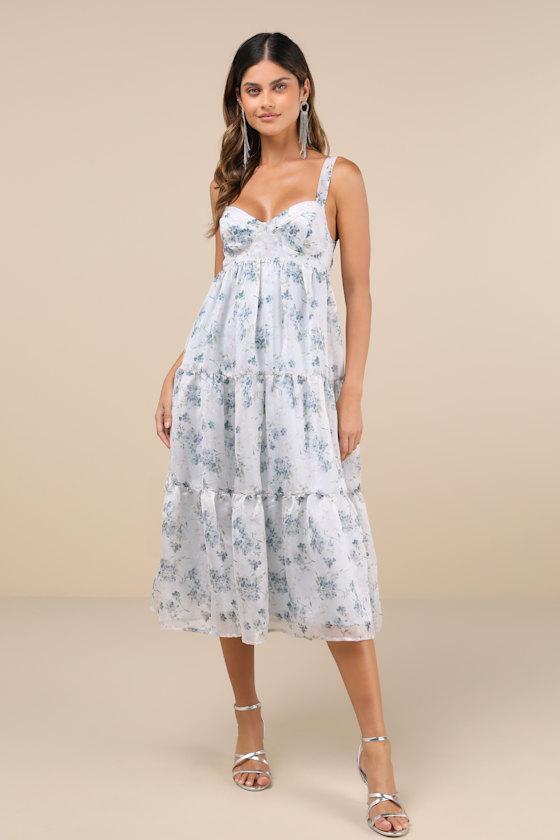 Marvelously Darling Light Blue Floral Tiered Backless Midi Dress Product Image