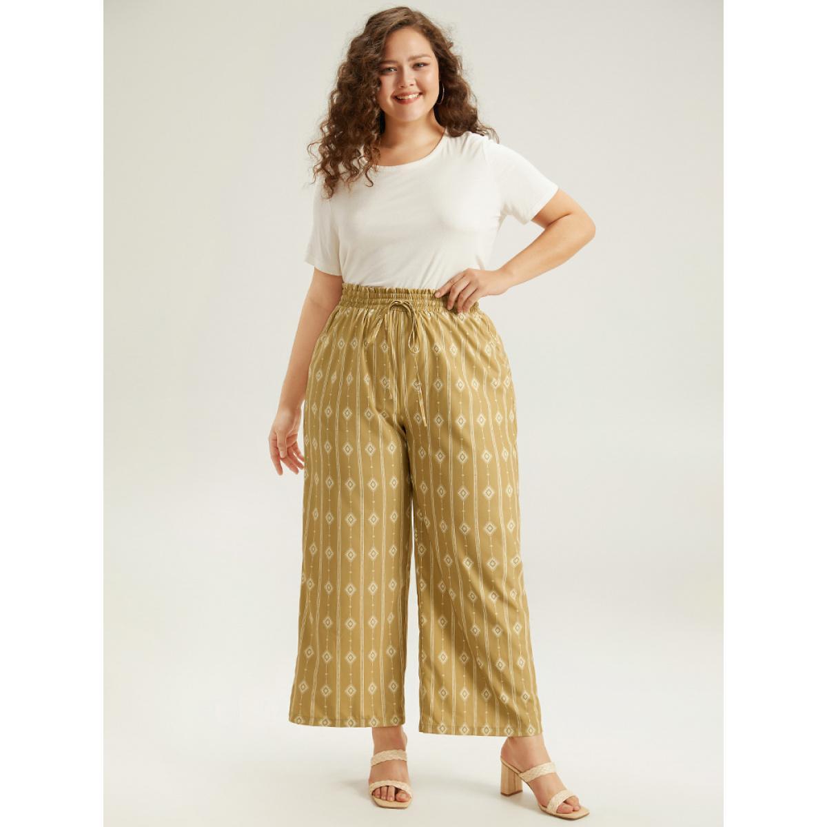 Plus Size Boho Print Drawstring Elastic Waist Pants Women Yellow Vacation Straight Leg High Rise Dailywear Pants BloomChic 14-16/1X Product Image