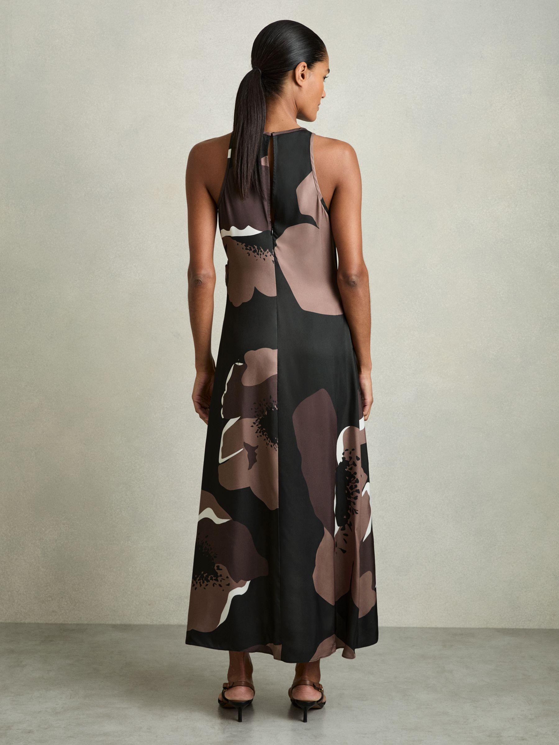 Petite Satin Floral Tuck Midi Dress in Brown Product Image