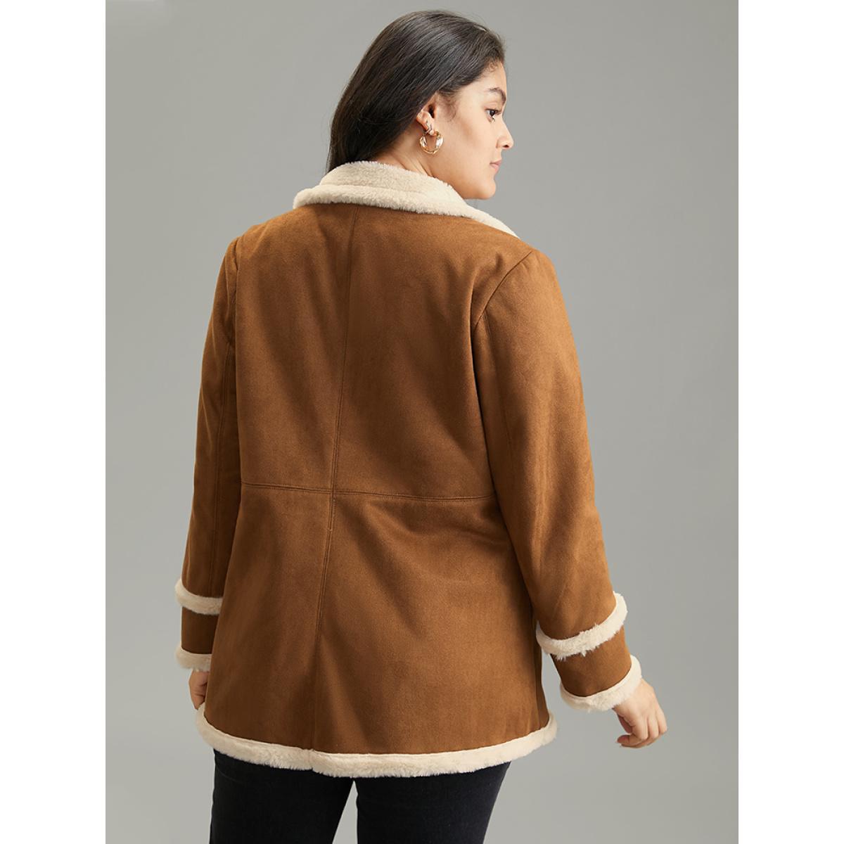 Plus Size Faux Suede Buckle Detail Fuzzy Trim Coat Women Chocolate Casual Lined Ladies Dailywear Winter Coats BloomChic 10/M Product Image