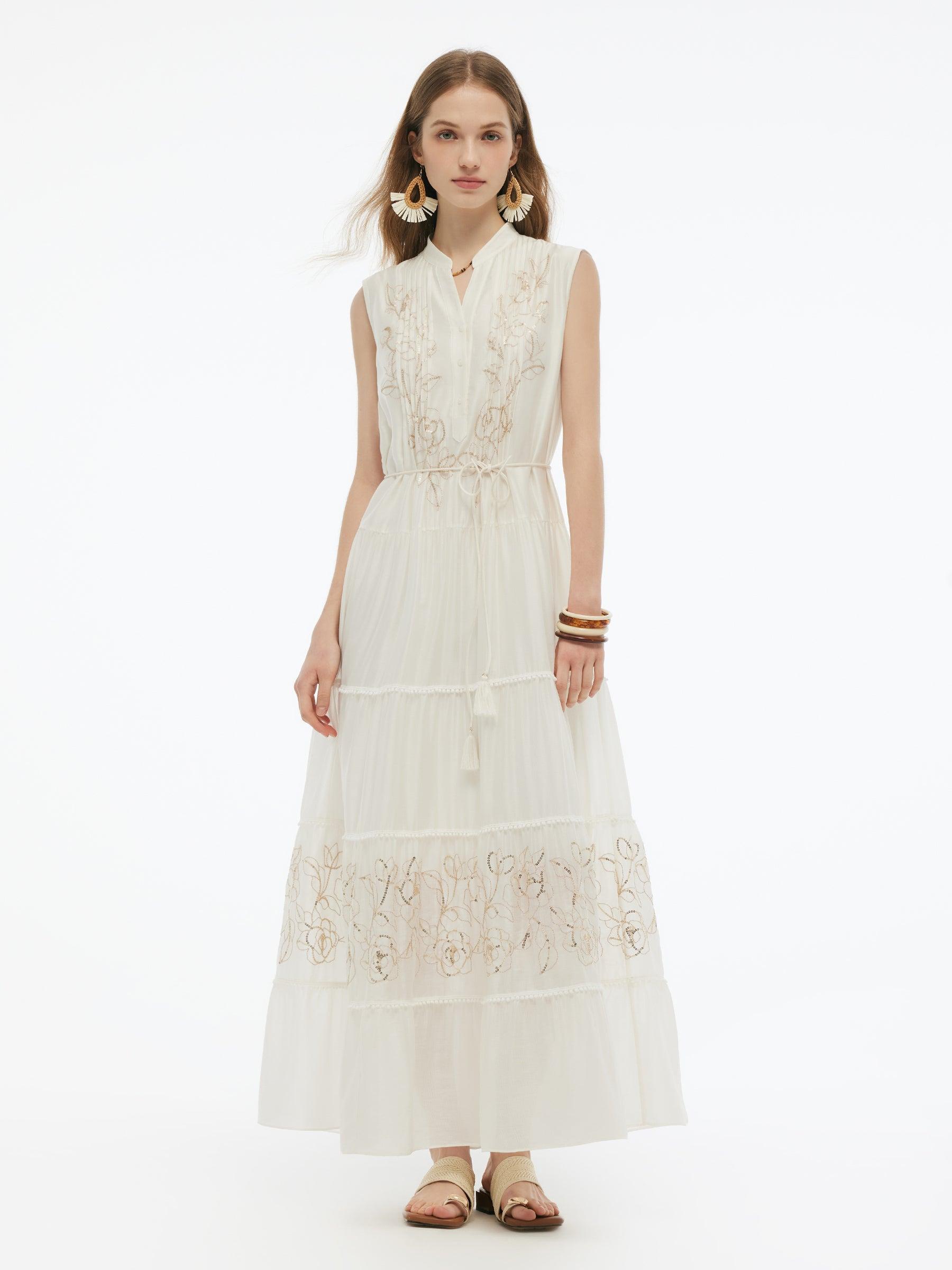 Tencel Blend Embroidered Women Maxi Vest Dress With Tie String Belt Product Image
