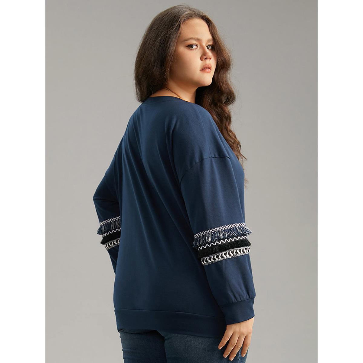 Plus Size Tassels Trim Layered Patchwork Sweatshirt Women DarkBlue Elegant Tassels Round Neck Dailywear Sweatshirts BloomChic 10/M Product Image