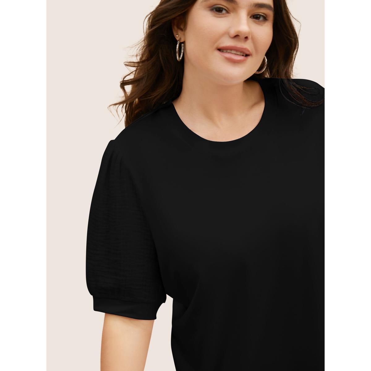 Plus Size Plain Textured Patchwork Lantern Sleeve T-Shirt Black Women Casual Texture Round Neck Everyday T-shirts BloomChic 30/6X Product Image