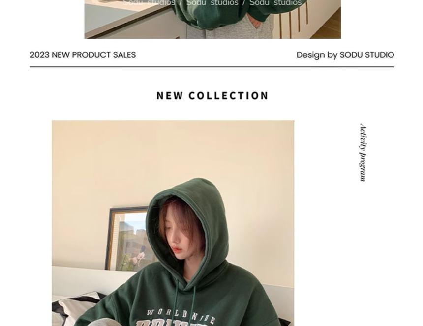 Puff-Sleeve Lettering Oversized Hoodie Product Image